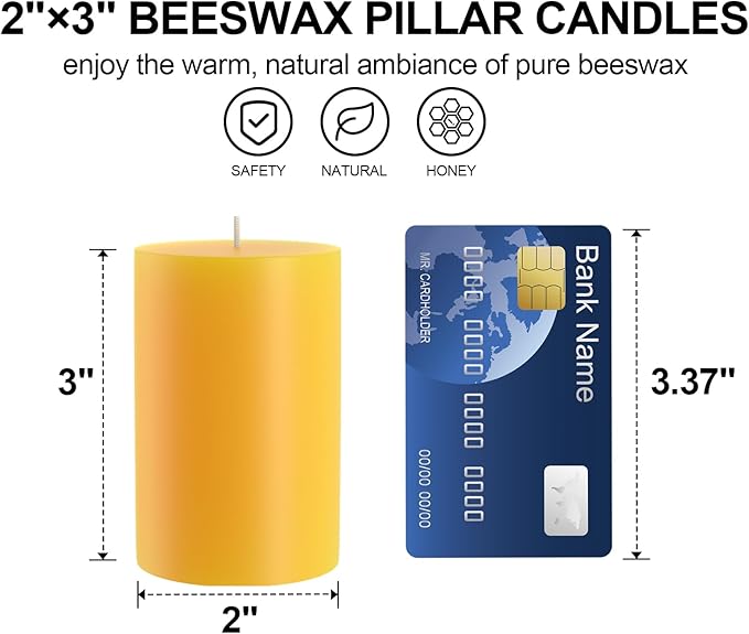 100% Pure Natural Beeswax Pillar Candles-40 Hours Long Burning Time Emergency Beeswax Candles | Organic Bees Wax for Home, Prayer, Christmas, Party | Unscented, Smokeless, Dripless 2 Pack (2×3 inch)