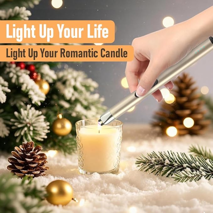 Candle Lighter, Electric Rechargeable USB Arc Windproof Flameless Plasma Lighter Long Stick with Rope and Ring, No Butane Fluid, Perfect for Candle BBQ Camping Kitchen Stove, Gold