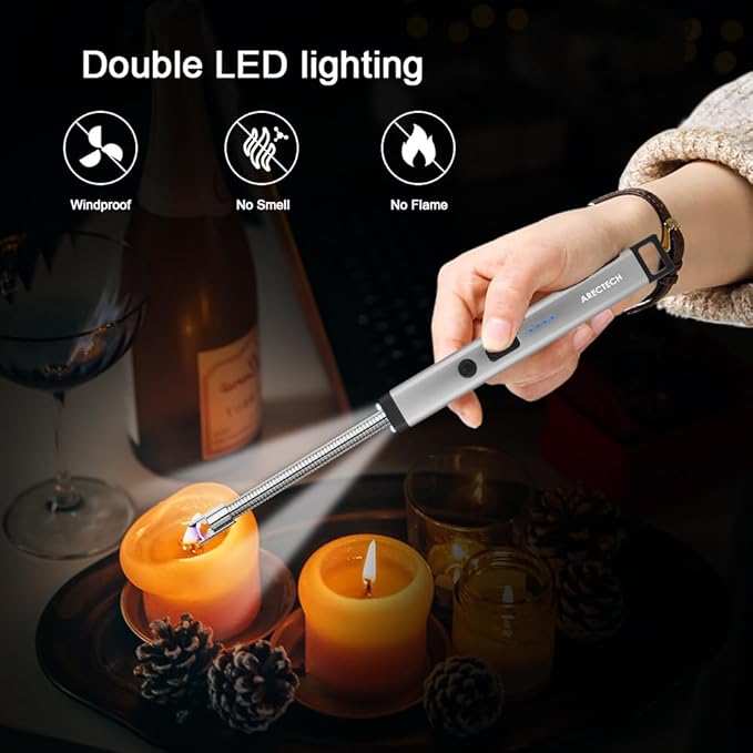 ARECTECH Candle Electric Lighter Rechargeable USB Arc Lighters for Candle Camping Fireworks Christmas Birthday Gifts with LED Light for Men Women Silver