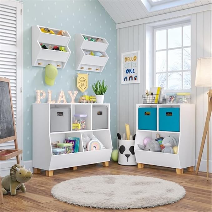 RiverRidge Catch-All Kids Toy Organizer with 3 Cubbies and 2 Storage Bin Compartments - 35 Inch Wide White Kids Room Decor Toy Organizers and Storage Bins