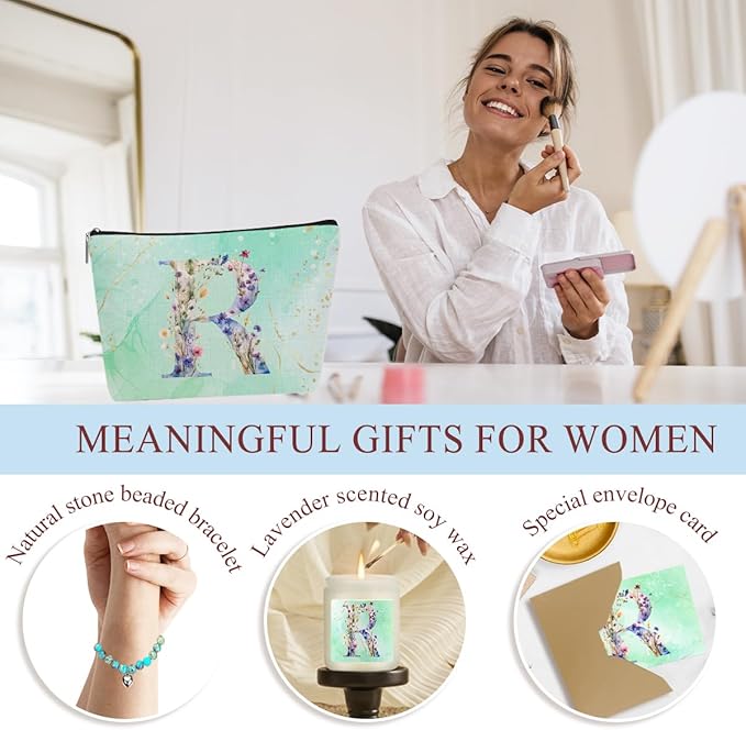 Personalized Gifts Monogrammed Birthday Gifts for Women, Mommy, Female Going Away Farewell Christmas, Initial Wine Tumbler Makeup Bag Scented Candle Bracelet Set, (Aesthetic Green Flower R)