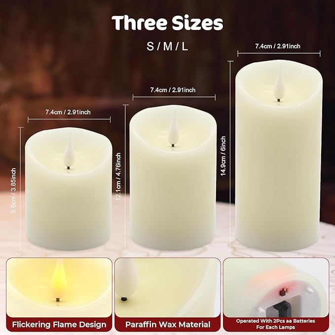 ALED LIGHT Real Wax Rechargeable Candles Flickering Realistic,Warm White Flameless Candles Rechargeable with Remote for Home Decor Idea Gift，Pack 3(D 3”X H 4”5”6”)