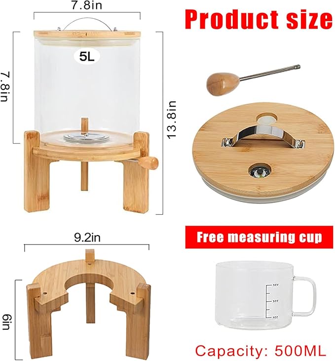 Glass Rice Dispenser 5L, Cereal Dispenser Countertop, Grain Dispenser/Food Storge Container for Kitchen and Pantry Organization, Cereal Dispenser with Bamboo Holder