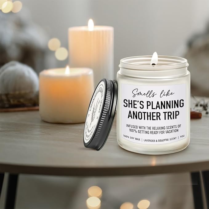She's Planning Another Trip Candle Travel Gifts for Women, Funny Gifts for Travelers, Funny Birthday Planning Traveling Gift for Travelers Women, Mom, Couple, Friend, Lavender Eucalyptus Candles 9OZ