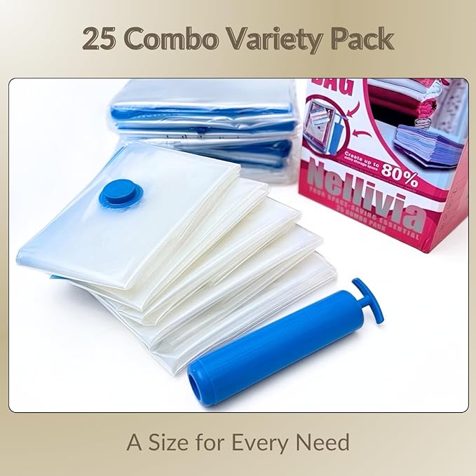 25 Pack Vacuum Storage Bags with Pump, Compression Space Saver for Comforter, Bedding, Blanket Storage, Vacuum Seal Bags for Clothing, Travel Luggage Suitcase and Closet Organizer