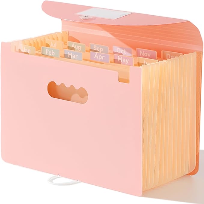 SortRax Accordion File Organizer 12 Pockets, Monthly Bill Receipt Tax Organizer, Expanding File Folders with Larger Bright Tabs, Fits Letter/A4 Size - Pink