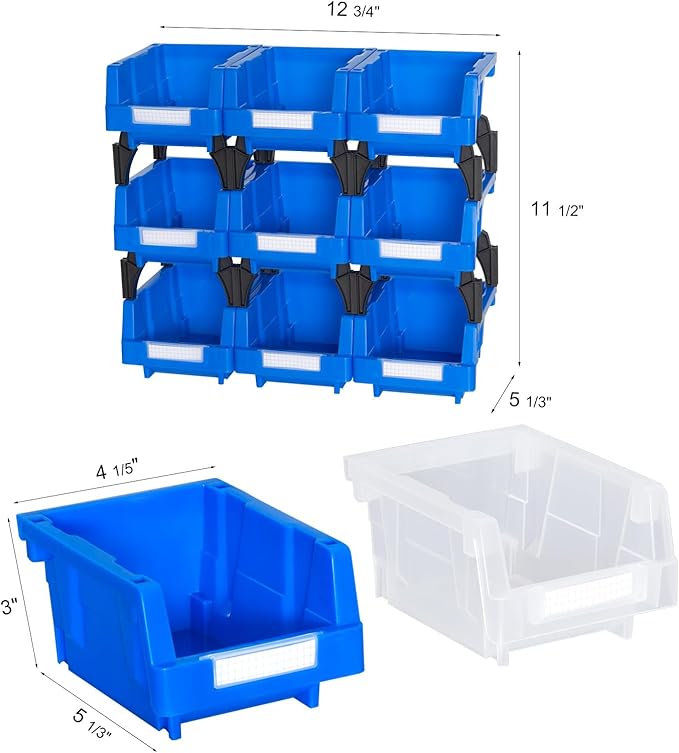 Plastic Garage Stacking Hanging Storage Bins,5-1/3"X4-1/5 X3,Clear,9 pack