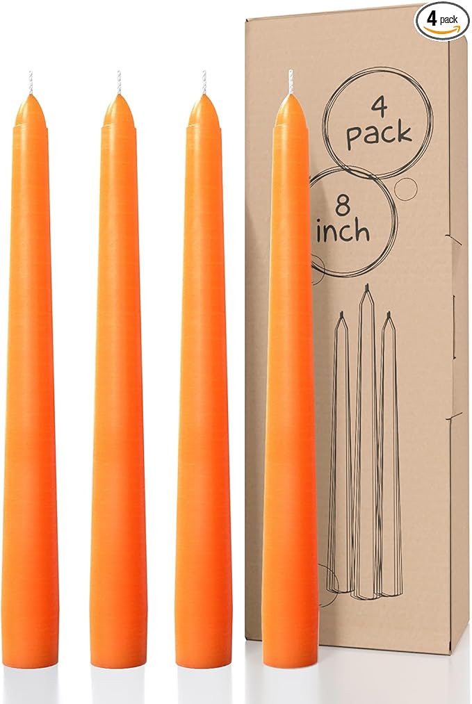 CANDWAX 8 inch Orange Taper Candles Set of 4 - Dripless, Unscented - Perfect for Dinner, Party or Christmas Decor, Halloween Candles or Thanksgiving Décor