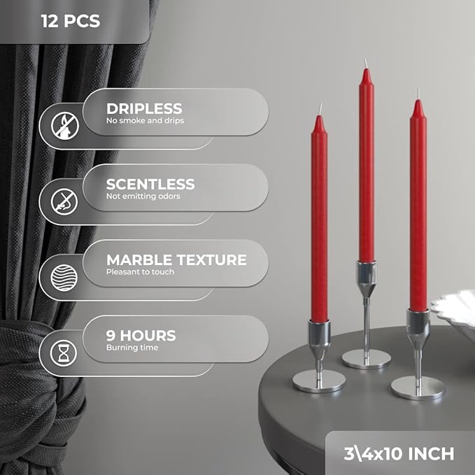 CANDWAX Red Taper Candles Pack of 12 - Slow Burning Dripless Unscented Straight Candles 10 inch - Ideal for Dinner Table - Smokeless Long Candlesticks