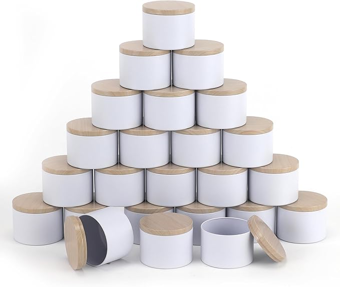 24pcs 8oz white Candle tins with Metal Wood-Grain Printing Lids. Candle Jars,Bulk Candle tins for Making Candles,Candle Making Jars (8OZ, WHITE)