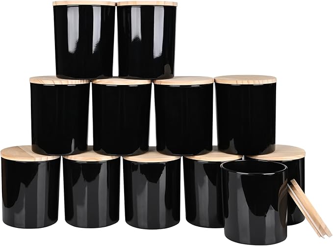 SHOWIN Thick Candle Jars for Making Candles 12 Pcs, 14 OZ Empty Jars with Wood Lids for Candle Making, Sample Container, Glossy Black