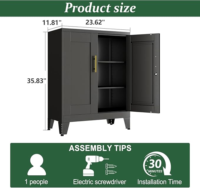 Black Metal Storage Cabinet, 36" Tall Locking Storage Cabinet with 2 Adjustable Shelves, Steel Locker Organizer, for Office, Home, School, 11.81" D x 23.62" W x 35.83" H
