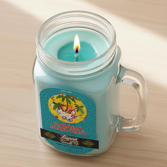 Caribbean Island Party Candle – Odor Eliminating, Strong Scent – Tropical Fruit & Warm Spice – Long Lasting 90 Hour Burn – Large 12oz Mason Jar – Made in USA – Beamer Candle Co.