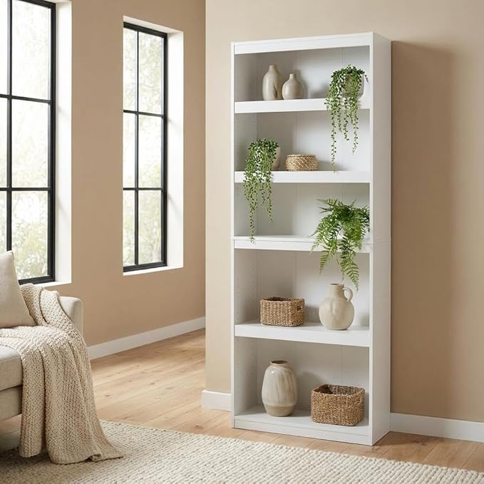 Furnifact White 5-Tier Shelf Bookcase with Spacious Storage, Sturdy Wooden Construction, Modern Design, Perfect for Living Room, Office or Bedroom