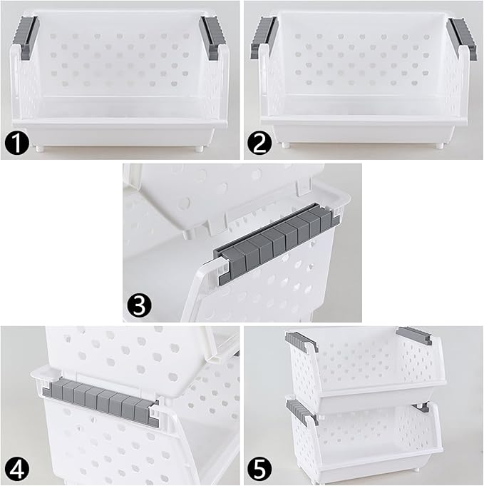 Set of 4 Plastic Stackable Storage Baskets, Stackable Organizer Bins for Kitchen, Pantry and Bathroom, White