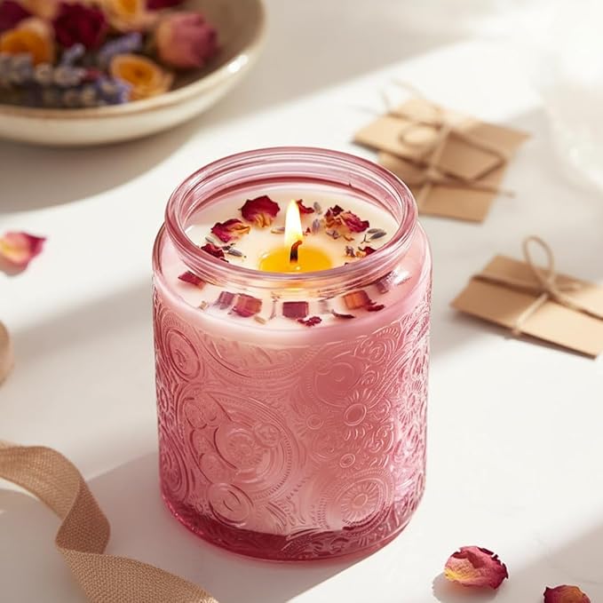 9-Pack 8oz Embossed Glass Candle Container with Bamboo Lids and Labels, Pink Candle Jars for Making Candles, Sun Moon Star Design