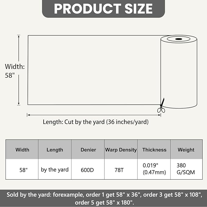 Waterproof Marine Canvas Fabric by The Yard 58" W 600D PVC Backing Water-Resistant Polyester Fabric Upholstery Material for Outdoor Indoor Marine Awning Tent Boat Furniture Cover DIY, 10 Yards Black