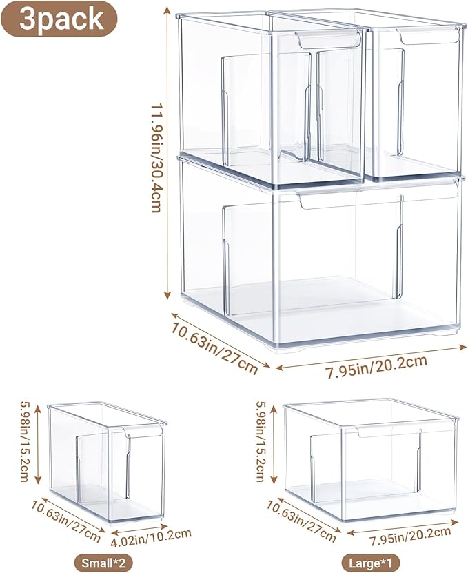 Clear Plastic Storage Bins with Dividers for Fridge Pantry Organizers and Storage Containers, 3 Pack Acrylic Stackable Sturdy Storage Boxes for Home Edit and Cabinet Organizers C6-1