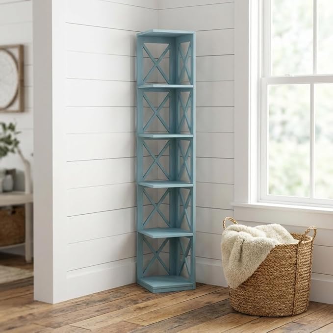 Furnifact Sea Foam 5-Tier Corner Bookcase with Durable Non Lead Base Paint Ideal for Living Room, Office, Commercial Spaces