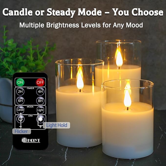 Rechargeable Flameless Glass Pillar Candles–Mothers Day Gifts,–Set of 3, Realistic Flickering LED Light,Remote & Timer, Ideal for Living Room, Bedroom & Birthday Gifts for Mom