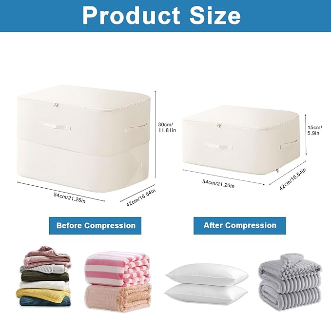 2PCS Comforter Storage Bag, 2-Layer Zipper Large Capacity Storage Bag, Ultra Space Saving Self Compression Storage Bags for Comforters, Clothes, Pillows, Duvet and Bedding Sets (Beige, Large)