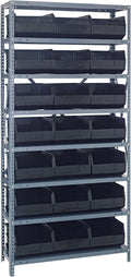 Quantum 1875-465BK Heavy Duty Shelving Unit with (8) Shelves and (21) SSB465 Black Bins for Industrial Warehouse Storage Distribution | 400 lbs Capacity | 18"D x 36"L x 75"H, Galvanized Carbon Steel