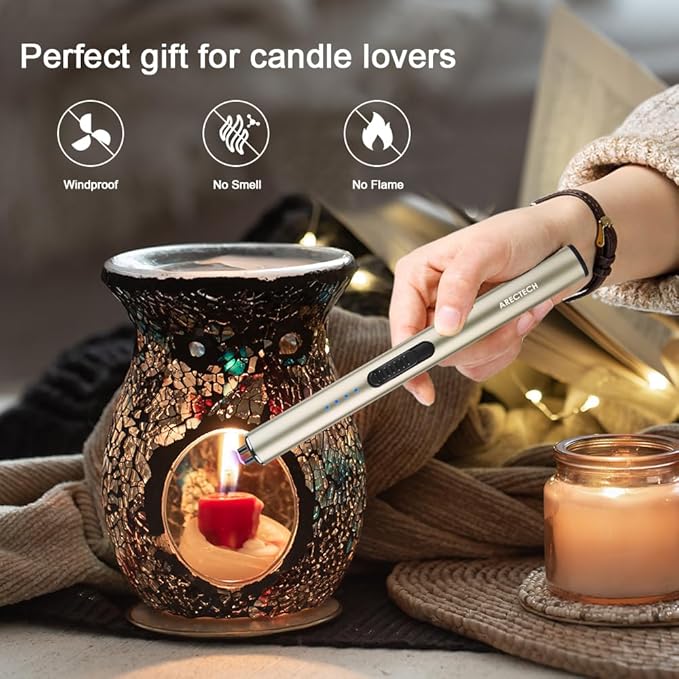 ARECTECH Electric Candle Rechargeable Lighter Arc Plasma Lighters for Candle Kitchen Camping Christmas Type-C Gold