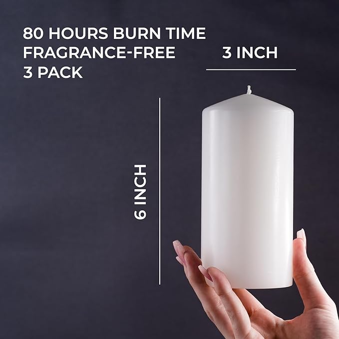 CANDWAX 3x6 inch White Pillar Candle Set of 3 - Unscented Large Pillars - Perfect for Any Occasion - Long Burning White Candles