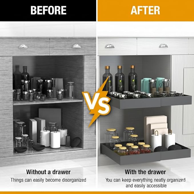 Expandable Pull Out Drawers for Cabinets (Gray): Kitchen and Pantry Organizer, Sliding Cabinet Organizer with Adhesive, Under Sink and Pots Storage, 12.5"-20.5". Adjustable Shelf Solution