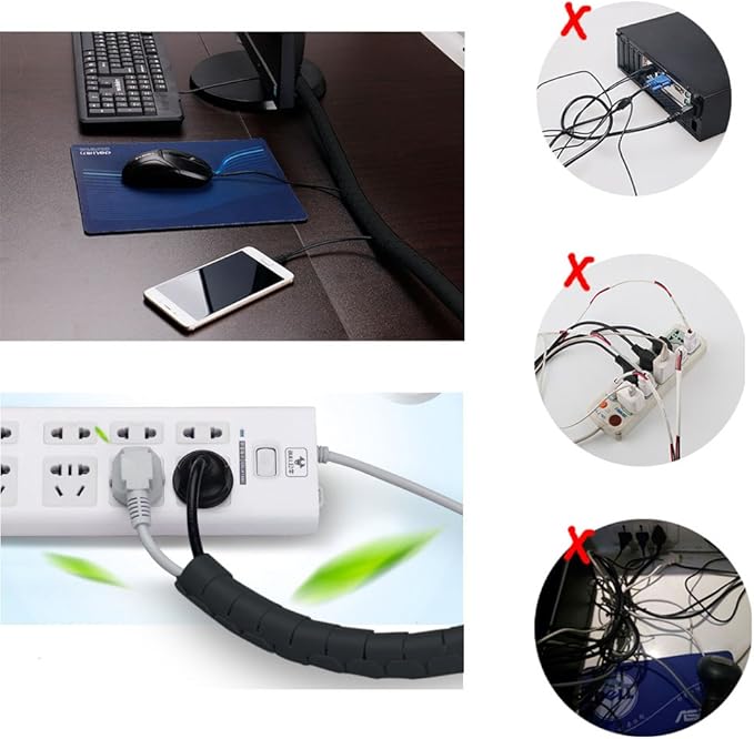 Black Cable Wire Organizer Cord Sleeve Management Cord Hider for Computer, TV, Desk, VIWIEU 5 Feet EZ Cable Sleeve Bundler Flexible & Expandable Home & Office Management Wire Concealer with Clip Tool