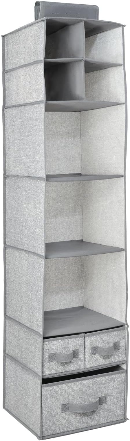 mDesign Fabric Hanging Organizer - Over Closet Rod Storage - 7 Shelves/3 Removable Drawers for Baby Nursery Bedroom Organization - Hold Clothes, Linens, Toys, Accessories - Lido Collection - Gray