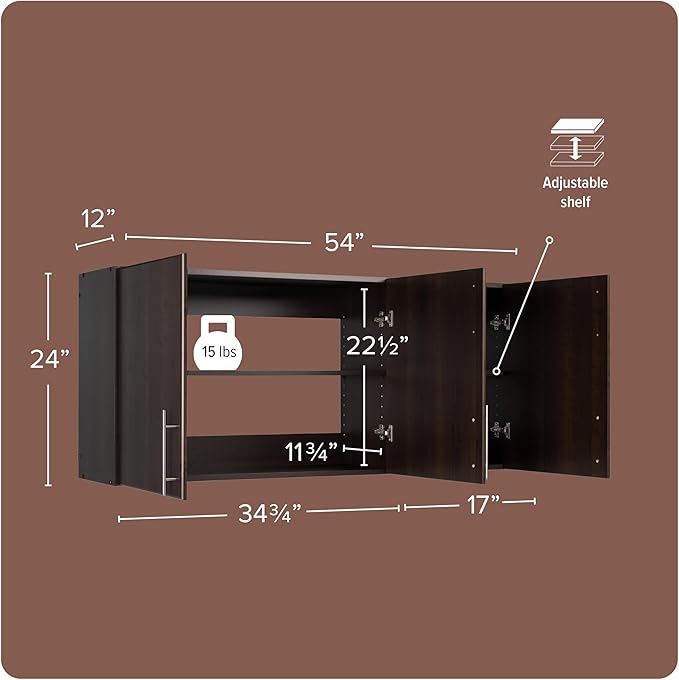 Prepac Elite 54" Wall Cabinet, Espresso Storage Cabinet with 2 Adjustable Shelves, Storage for Pantry, Kitchen and Bathroom 12" D x 54" W x 24" H
