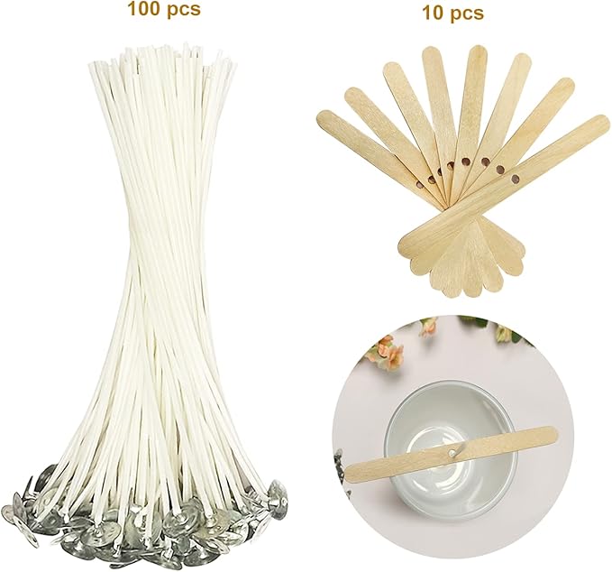 100 Pieces Cotton Candle Wick 6" Pre-Waxed for Candle Making Wicks Candle DIY 100% Natural Cotton 10 pcs Candle Wicks Fixing Bars