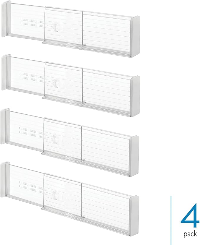 iDesign Plastic Adjustable Deep Drawer Dividers for Kitchen or Dresser Drawers - Set of 4 - Clear