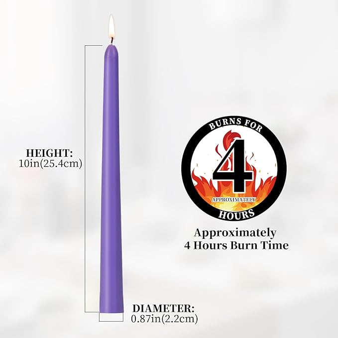 KONNI 0.87×10 Inch Violet Taper Candles, Unscented and Smokeless Tall Candlesticks, 10 Pack Tapered Candles with Cotton Wicks, Long Burning, Ideal for Weddings, Dinner Parties, and Home Décor