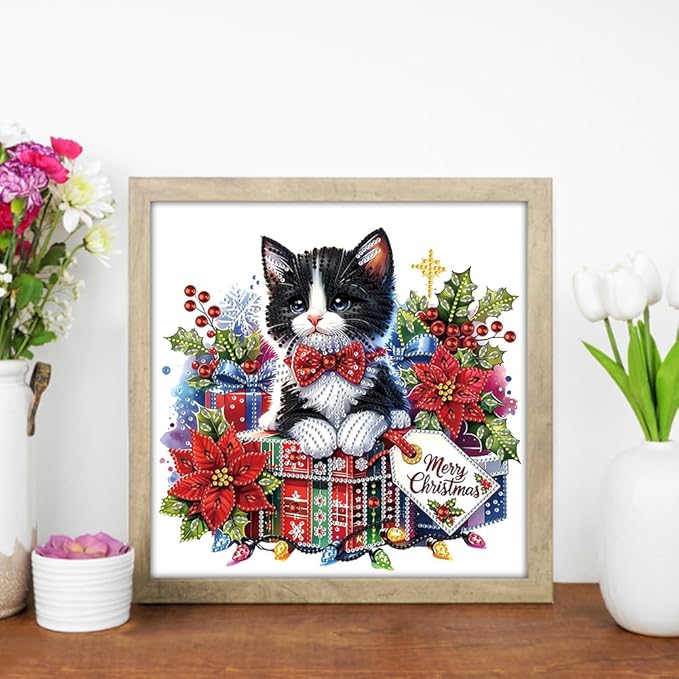 Xmas Gift Cat 5D Special Shape Diamond Art Kits for Beginners, Christmas Winter Theme Diamonds Painting Kits for Adults,DIY Crystal Rhinestones Diamond Paintings for Home Wall Decor 12×12Inch