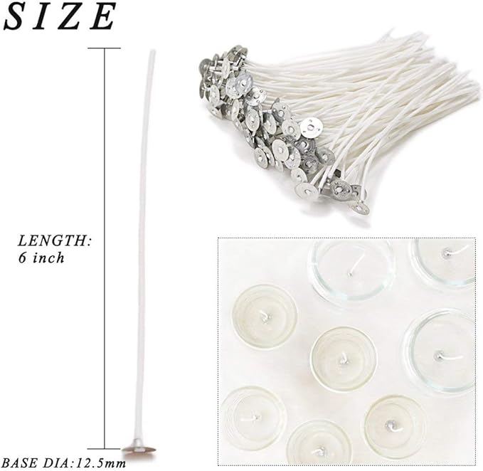 EricX Light 100 Piece Natural Candle Wick, Low Smoke 6" Pre-Waxed & 100% Natural Cotton Core,For Candle Making,Candle DIY