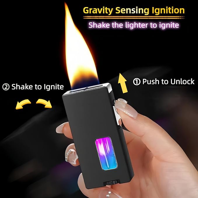 Extra Wide Flame Butane Lighters, Gravity Sensing Shake to Ignite, Adjustable Flame Size, USB-C Charging and Refillable Lighter with Safety Lock (Fuel Not Included) (Blue)