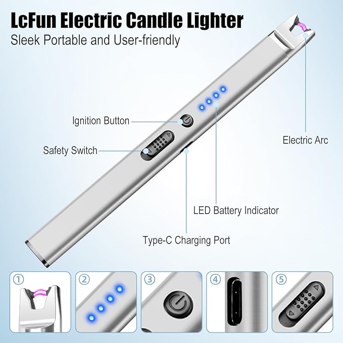 LcFun 2 Pack Candle Lighter Electric USB Rechargeable Plasma Arc Lighter with Safety Lock, Windproof Flameless Long Lighters for Candle, Grill, BBQ, Camping, Gas Stoves (Silver, Rose Gold)
