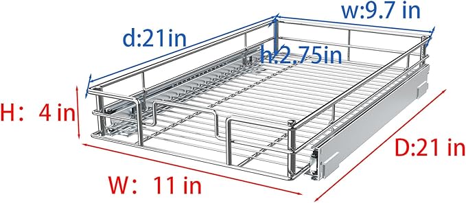 Pulloutor Pull Out Cabinet Organizer,Slide Out Kitchen Cabinet Storage Shelf and Drawer Organizer NEED 12" W and 22" D Cabinet, Chrome Finish (11 * 21 in)