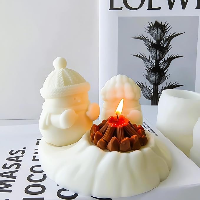 Snowman Silicone Mold, Snowman Warm at a Fire Candle Mold for Soap Soy Wax DIY Handcraft, Yeti Resin Mold Gift Wedding Party Home Dinner Festive Days Car Decoration (Hooded Snowman)