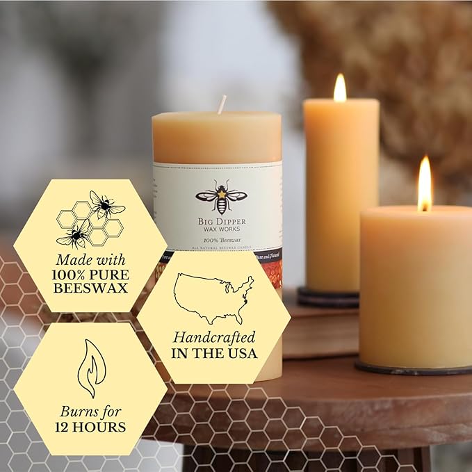 Big Dipper Wax Works 100% Pure Beeswax Pillar Candles (1 Pack) – 3" x 6" Handmade in USA, Long Burning Clean Soot-Free, Natural Honey Aroma, Eco-Friendly Cotton Wick, Home Décor & Meditation