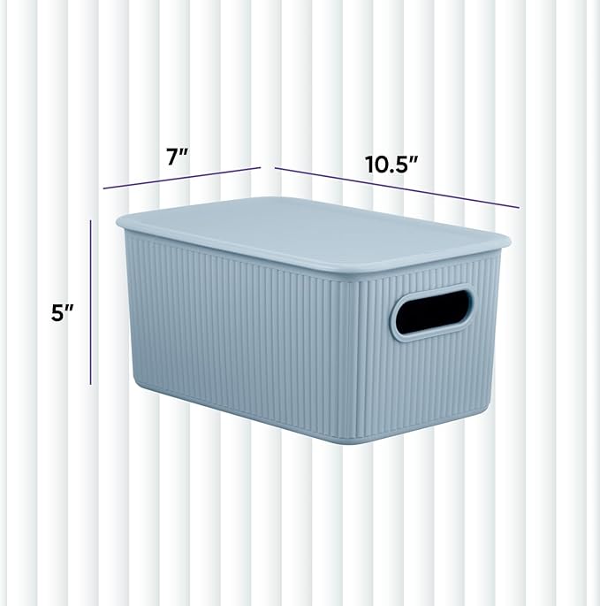 Superio Ribbed Collection - Decorative Plastic Basket Open Home Storage Bins Organizer, Blue Container Boxes for Organizing Closet Storage Bins for Shelves (Bin with Lid- Medium (5 Liter), 1 Pack)
