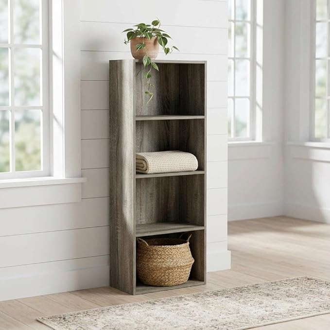 Furnifact French Oak 4-Tier Open Shelf Bookcase with Modern Design, Sturdy Wooden Construction, Multi-Functional Storage Solution for Living Room or Office