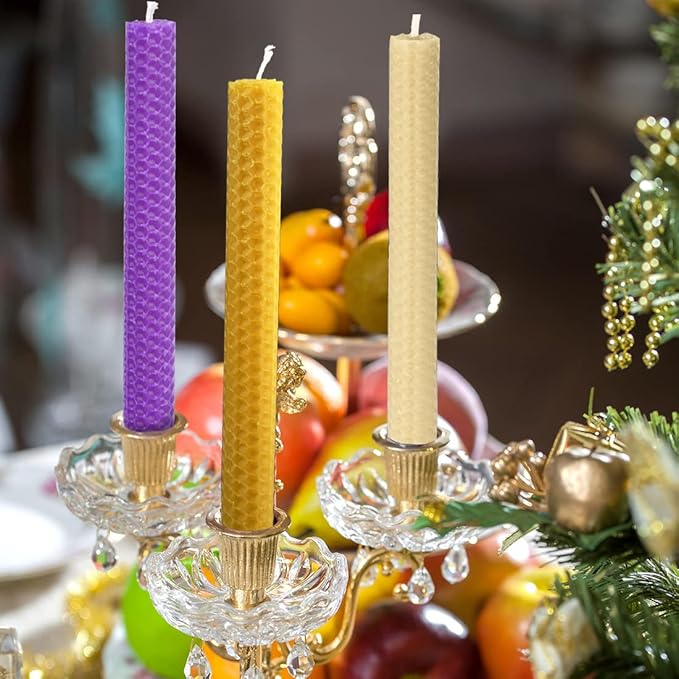 DEYBBY Natural Beeswax Taper Candles, Hand-Rolled Beeswax Candles Honeycomb Design, Dripless and Smokeless,Set of 6 (Purple)