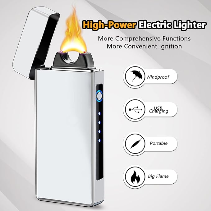 Electric Windproof Lighter, Pulsed Flame Plasma-Flame Arc Lighter - Rechargeable USB with Battery Indicator (Silver)