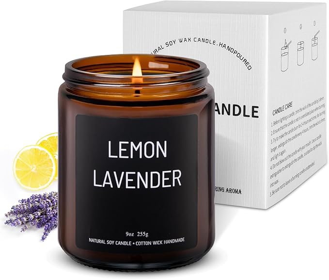 Luxury Lemon & Lavander Scented Candles Gift Set-100% Natural Soy Wax, 50H Clean Burn, Hand-Poured, Relaxing Aromatherapy for Home, Bedroom, Yoga & Spa,9oz-255g