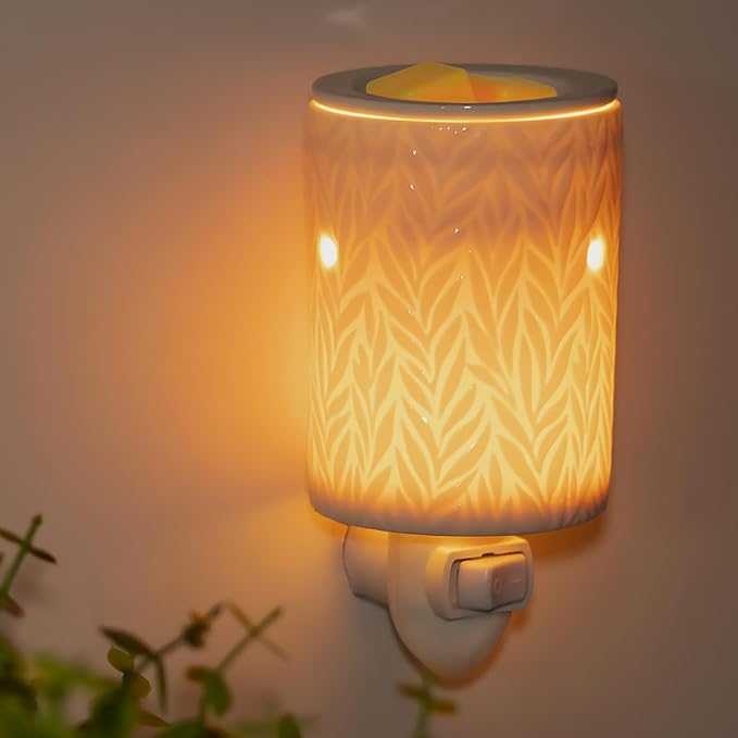 Bobolyn Plug in Wax Warmer Ceramic Electric Wax Melt Warmer Candle Melter Burner for Scented Wax, Scentsy Wax Cubes, No Flame No Smoke No Soot（White Willow Leaves）