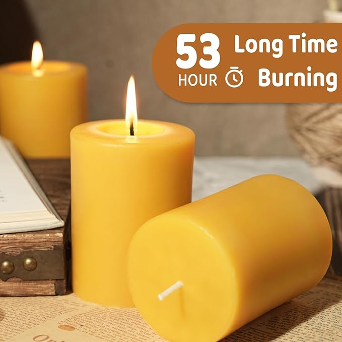 4 Packs Natural Beeswax Pillar Candles, 212 Hours Long Burning Organic Emergency Candle 2.8x4in Unscented Pillar Candles 100% Pure Bees Wax Candles for Home Paryer