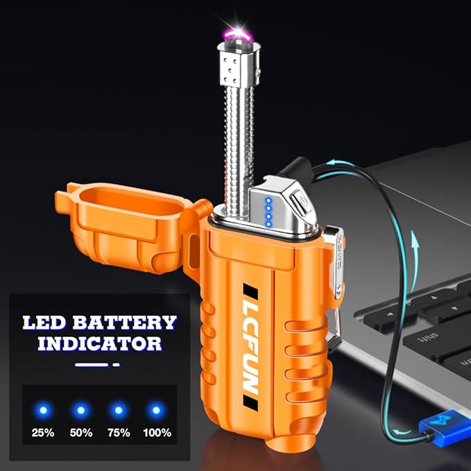 LcFun USB Rechargeable Electric Arc Lighter Windproof Plasma Lighters with LED Battery Display, Waterproof Matches with Flashlight for Camping, Survival Tactical Gear